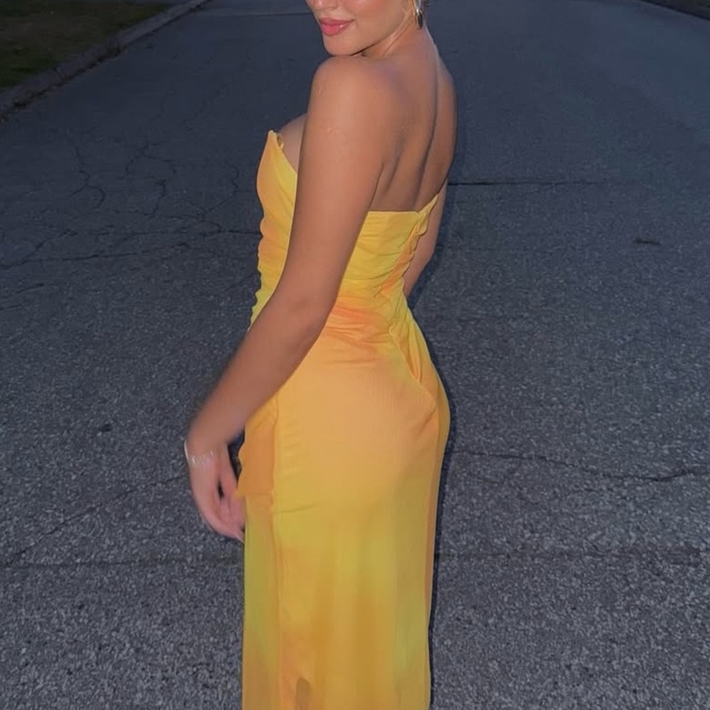 Zara NWT yellow orange tie dye printed tulle midi draped ruched sweetheart dress - Picture 12 of 15